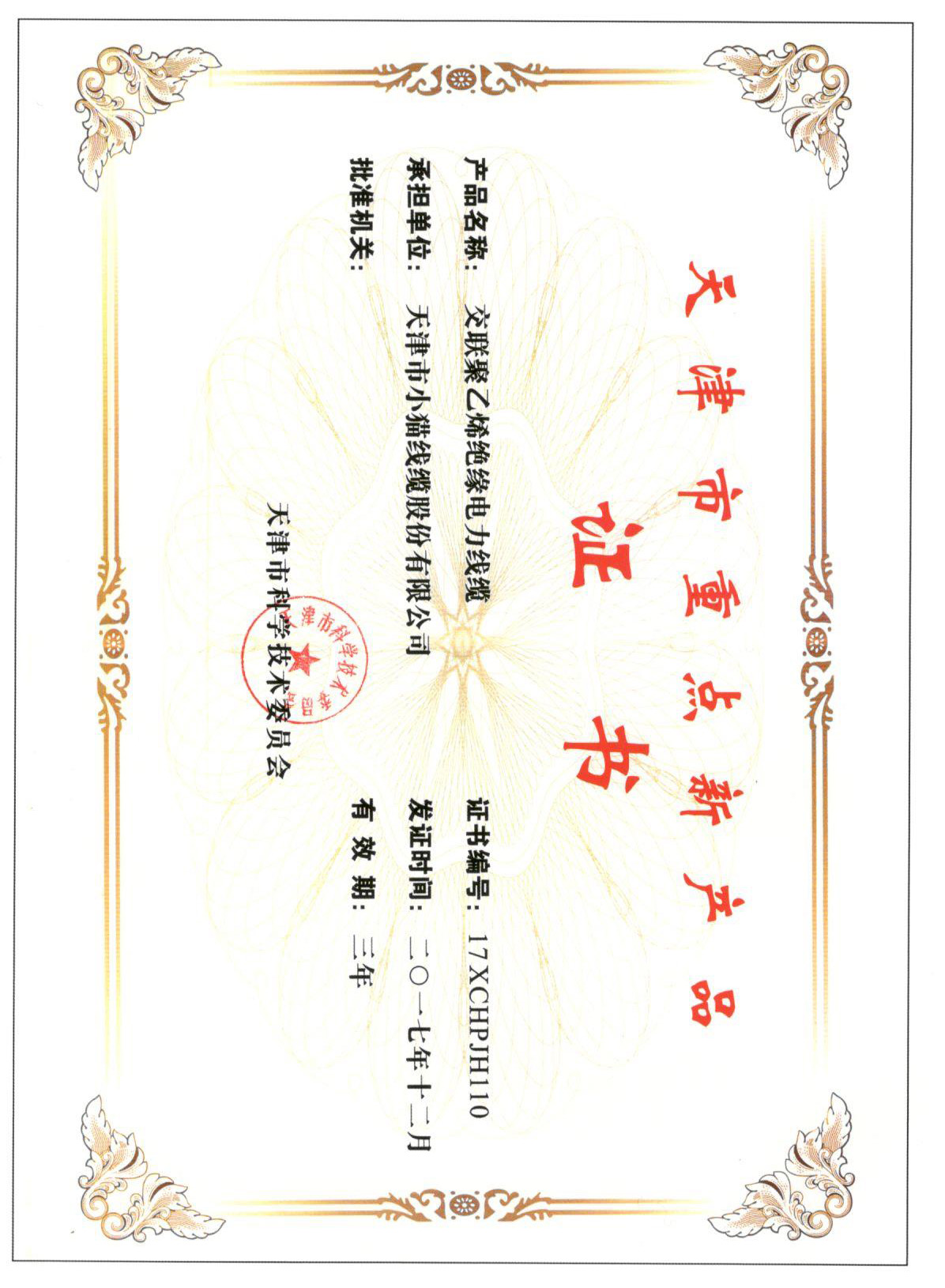 天津市重点新产品证书